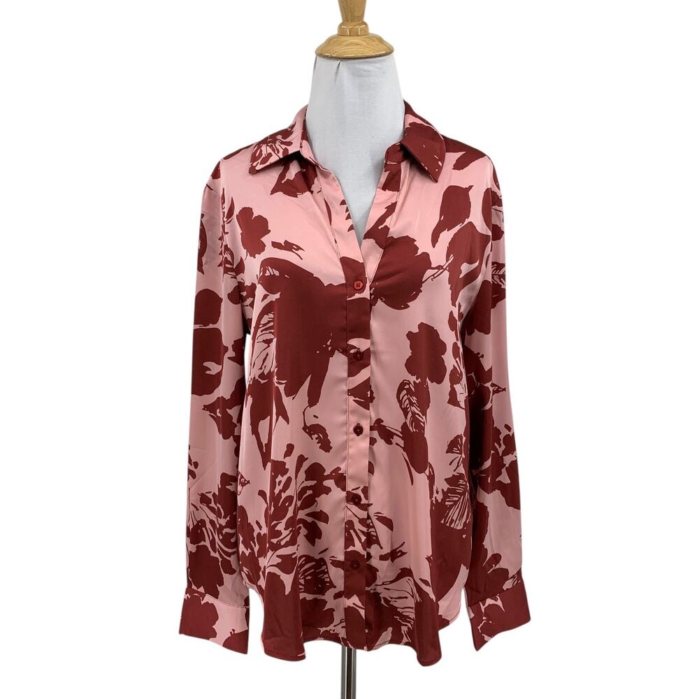 Maison D' Amelie Blouse Womens M Medium Satin Floral Button Front Long Sleeve